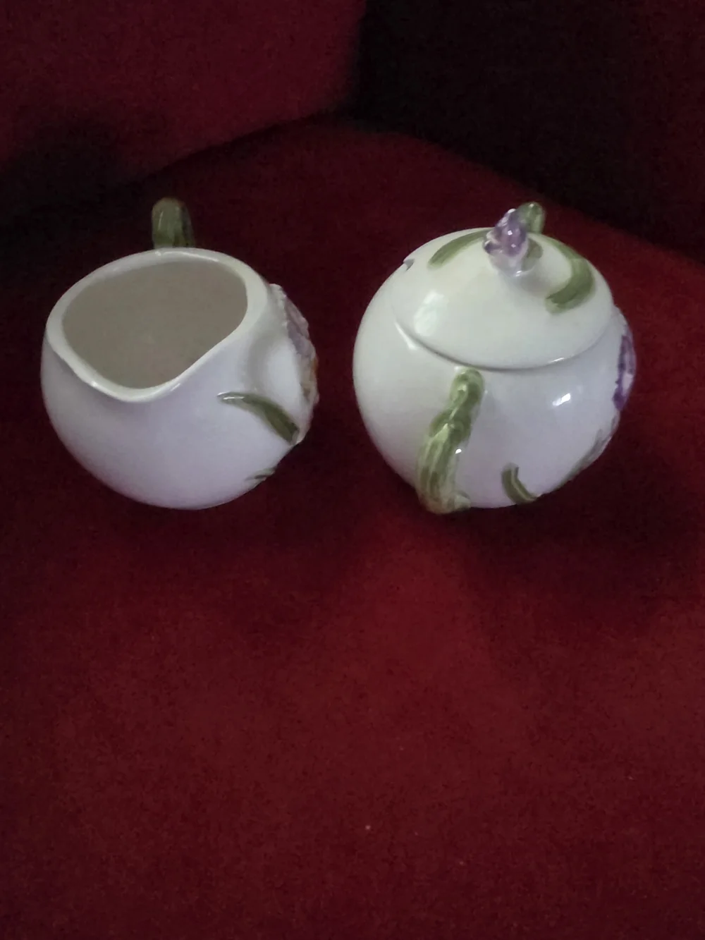 QVC White Ceramic Floral Sugar and Creamer Set with Purple Iris Accents
